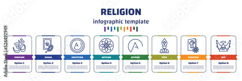 infographic template with icons and 8 options or steps. infographic for religion concept. included hinduism, quran, asceticism, agticism, atheism, pope, christian, god icons.