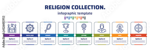 infographic template with icons and 8 options or steps. infographic for religion collection. concept. included mosque, rub el hizb, rosary, goblet, gticism, priest, pray, animism icons.