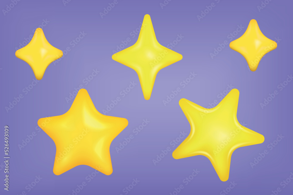 Set of yellow stars different shapes. Glossy stars. Realistic 3d design cartoon style. Vector illustration Set of yellow stars different shapes. Glossy stars. Realistic 3d design cartoon style. Vector illustration