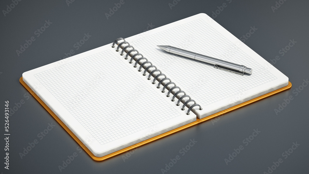 Spiral notepad with blank pages and ball point pen. 3D illustration Spiral notepad with blank pages and ball point pen. 3D illustration