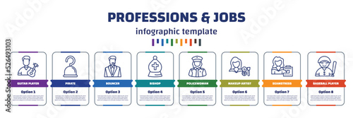 infographic template with icons and 8 options or steps. infographic for professions & jobs concept. included guitar player, pirate, bouncer, bishop, policewoman, makeup artist, seamstress, baseball