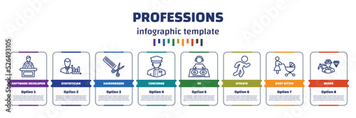 infographic template with icons and 8 options or steps. infographic for professions concept. included software developer, statistician, hairdresser, concierge, dj, athlete, baby sitter, miner icons.
