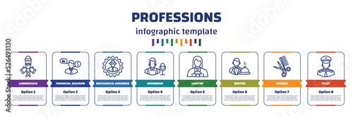 infographic template with icons and 8 options or steps. infographic for professions concept. included lumberjack, financial advisor, mechanical engineer, showman, lawyer, waiter, barber, pilot