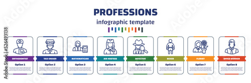 infographic template with icons and 8 options or steps. infographic for professions concept. included orthodontist, taxi driver, mathematician, air hostess, detective, boxer, florist, office worker