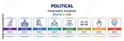 infographic template with icons and 8 options or steps. infographic for political concept. included bribe, health clinic, checking, human rights, uncle sam hat, slavery, political speech, vote