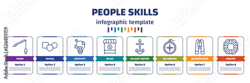 infographic template with icons and 8 options or steps. infographic for people skills concept. included fisher, shapes, creativity, seller, sailboat anchor, big compass, big binoculars, rescuer