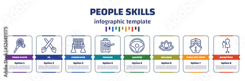infographic template with icons and 8 options or steps. infographic for people skills concept. included tennis player, de, chessplayer, traveler, chauffer, wellness, cargo ship front view,