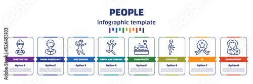 infographic template with icons and 8 options or steps. infographic for people concept. included constructor, phone assistance, girl dancing, happy man jumping, chiropractic, stoh ache, in,