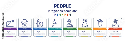 infographic template with icons and 8 options or steps. infographic for people concept. included ruku, zorro, father and daughter, walking downstairs, technician, snuggle, takbir, old man icons.
