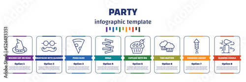 infographic template with icons and 8 options or steps. infographic for party concept. included wizard hat on head, mustache with glasses, pizza slice, jenga, cupcake with big cherry, two muffins,