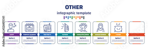 infographic template with icons and 8 options or steps. infographic for other concept. included sleepy, pumpkin calendar, two post it, flatiron, tombstone zombie hand, arabian woman, 7 other,