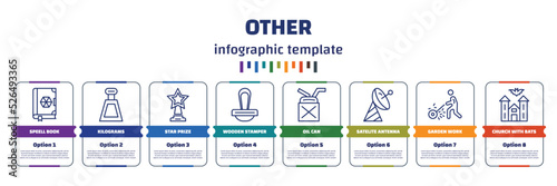 infographic template with icons and 8 options or steps. infographic for other concept. included speell book, kilograms, star prize, wooden stamper, oil can, satelite antenna, garden work, church