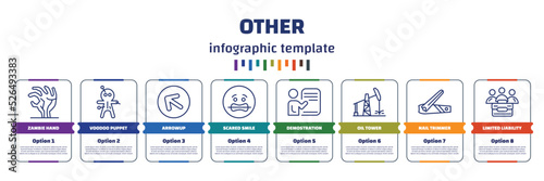 infographic template with icons and 8 options or steps. infographic for other concept. included zambie hand, voodoo puppet, arrowup, scared smile, demostration, oil tower, nail trimmer, limited