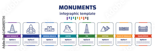 infographic template with icons and 8 options or steps. infographic for monuments concept. included great mosque of samarra, , medieval walls in avila, canyon, the, egyptian, palace of versailles, photo