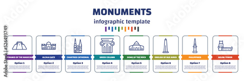 infographic template with icons and 8 options or steps. infographic for monuments concept. included pyramid of the magician, alcala gate, chartres cathedral, greek column, dome of the rock, obelisk