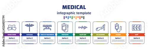 infographic template with icons and 8 options or steps. infographic for medical concept. included nurse cross, caduceus, table of treatments, perfusion, pulse line, gallbladder, plasma, cure icons.