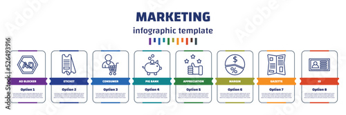 infographic template with icons and 8 options or steps. infographic for marketing concept. included ad blocker, eticket, consumer, pig bank, appreciation, margin, gazette, id icons.