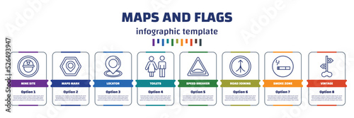 infographic template with icons and 8 options or steps. infographic for maps and flags concept. included mine site, maps mark, locator, toilets, speed breaker, road joining, smoke zone, vintage