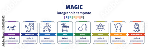 infographic template with icons and 8 options or steps. infographic for magic concept. included levitation, playing cards, voodoo, trick, fetters, esoteric, crystal ball, magic assistant icons.