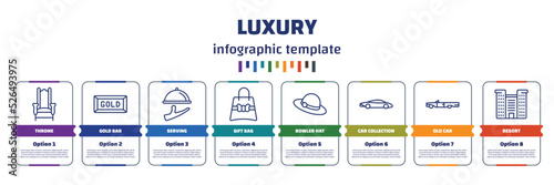 infographic template with icons and 8 options or steps. infographic for luxury concept. included throne, gold bar, serving, gift bag, bowler hat, car collection, old car, resort icons.