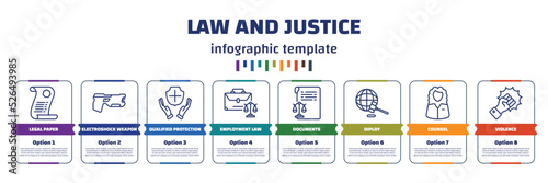 infographic template with icons and 8 options or steps. infographic for law and justice concept. included legal paper, electroshock weapon, qualified protection, employment law, documents, diploy,