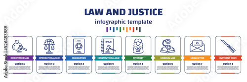 infographic template with icons and 8 options or steps. infographic for law and justice concept. included inheritance law, international law, immigration, constitutional attorney, criminal crime