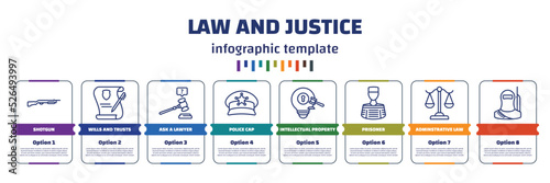 infographic template with icons and 8 options or steps. infographic for law and justice concept. included shotgun, wills and trusts, ask a lawyer, police cap, intellectual property, prisoner,