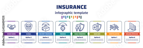 infographic template with icons and 8 options or steps. infographic for insurance concept. included shake hands, elderly, delivery insurance, finances, family insurance, bank safe, hospitalization,