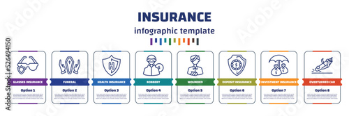 infographic template with icons and 8 options or steps. infographic for insurance concept. included glasses insurance, funeral, health insurance, robbery, wounded, deposit investment overturned car