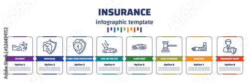 infographic template with icons and 8 options or steps. infographic for insurance concept. included accident, mortgage, long term protection, hail on the car, flood risk, legal expenses, fracture,