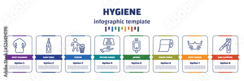 infographic template with icons and 8 options or steps. infographic for hygiene concept. included body shaming, hair tonic, throw, drying hands, urinal, paper towel, body odour, nail clippers icons.