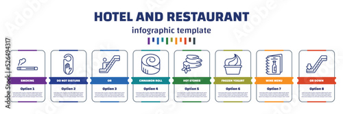 infographic template with icons and 8 options or steps. infographic for hotel and restaurant concept. included smoking, do not disturb, or, cinnamon roll, hot stones, frozen yogurt, wine menu, or