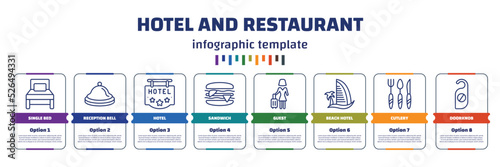 infographic template with icons and 8 options or steps. infographic for hotel and restaurant concept. included single bed, reception bell, hotel, sandwich, guest, beach hotel, cutlery, doorknob