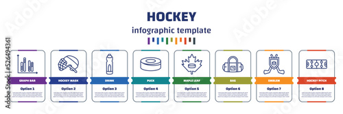 infographic template with icons and 8 options or steps. infographic for hockey concept. included graph bar, hockey mask, drink, puck, maple leaf, bag, emblem, hockey pitch icons.