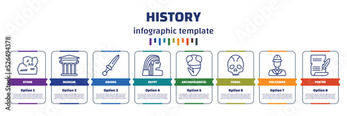 infographic template with icons and 8 options or steps. infographic for history concept. included stone, museum, sword, egypt, archaeological, fossil, policeman, poster icons.