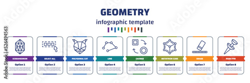 infographic template with icons and 8 options or steps. infographic for geometry concept. included icosahedron, select all, polygonal cat, line, change, metatron cube, erase, push pin icons.