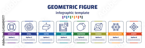 infographic template with icons and 8 options or steps. infographic for geometric figure concept. included constraint, spiral, flatten, segment, perspective, rhombus, star of six points, synergy