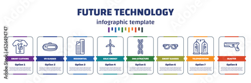 infographic template with icons and 8 options or steps. infographic for future technology concept. included smart clothing, vr glasses, residential, eolic energy, dna structure, smart glasses,