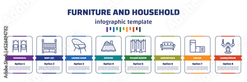 infographic template with icons and 8 options or steps. infographic for furniture and household concept. included ceremonial, baby cot, lounge chair, kotatsu, folding screen, comfortable, chiller,