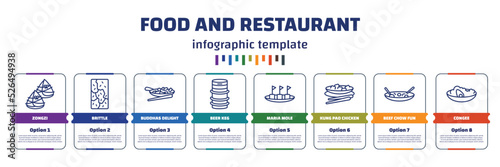 infographic template with icons and 8 options or steps. infographic for food and restaurant concept. included zongzi, brittle, buddhas delight, beer keg, maria mole, kung pao chicken, beef chow fun,