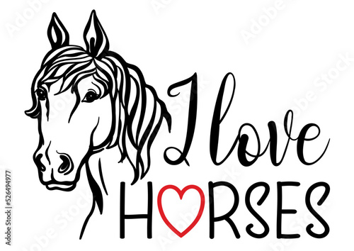 Horse head. Love horses graphic hand drawn vector illustration with text isolated on white. Girl who loves horses.