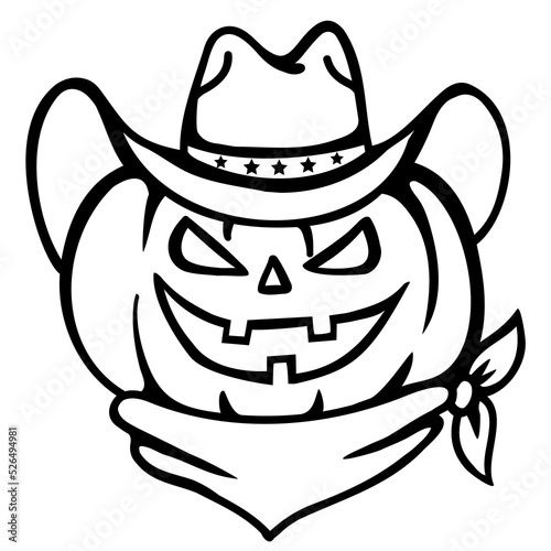 Happy Halloween Pumpkin cowboy hat and bandanna vector printable illustration isolated on white background