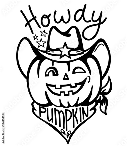 Pumpkin cowboy vector printable illustration. Halloween pumpkin wearing cowboy hat and bandanna with howdy text isolated on white background