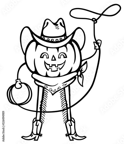 Pumpkin cowboy vector printable illustration. Halloween pumpkin wearing cowboy hat and cowboy boots holds lasso isolated on white background