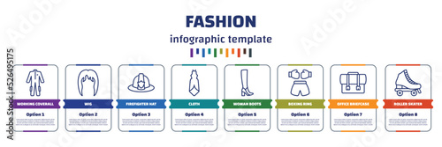 infographic template with icons and 8 options or steps. infographic for fashion concept. included working coverall, wig, firefighter hat, cloth, woman boots, boxing ring, office briefcase, roller