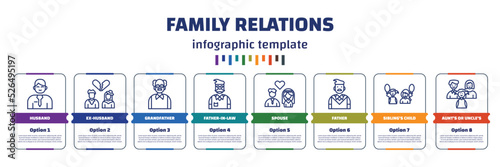 infographic template with icons and 8 options or steps. infographic for family relations concept. included husband, ex-husband, grandfather, father-in-law, spouse, father, sibling's child, aunt's or