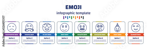infographic template with icons and 8 options or steps. infographic for emoji concept. included disappointed emoji, hugging emoji, in love nervous exhausted crazy blushing icons.