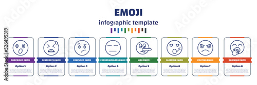 infographic template with icons and 8 options or steps. infographic for emoji concept. included surprised emoji, desperate emoji, confused expressionless liar sleeping pouting yawning icons.