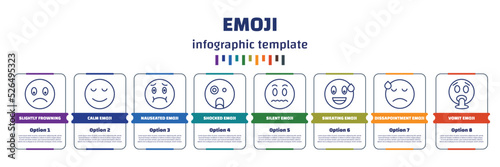 infographic template with icons and 8 options or steps. infographic for emoji concept. included slightly frowning emoji, calm emoji, nauseated shocked silent sweating dissapointment vomit icons.