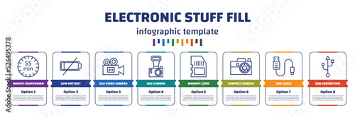 infographic template with icons and 8 options or steps. infographic for electronic stuff fill concept. included minute countdown, low battery, old video camera, old camera, memory card, compact